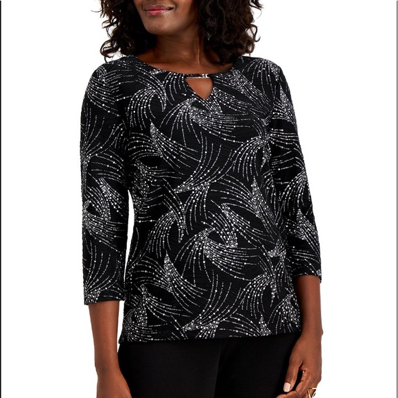 JM Collection Tops - JM Collection Jacquard Rhinestone Keyhole Top